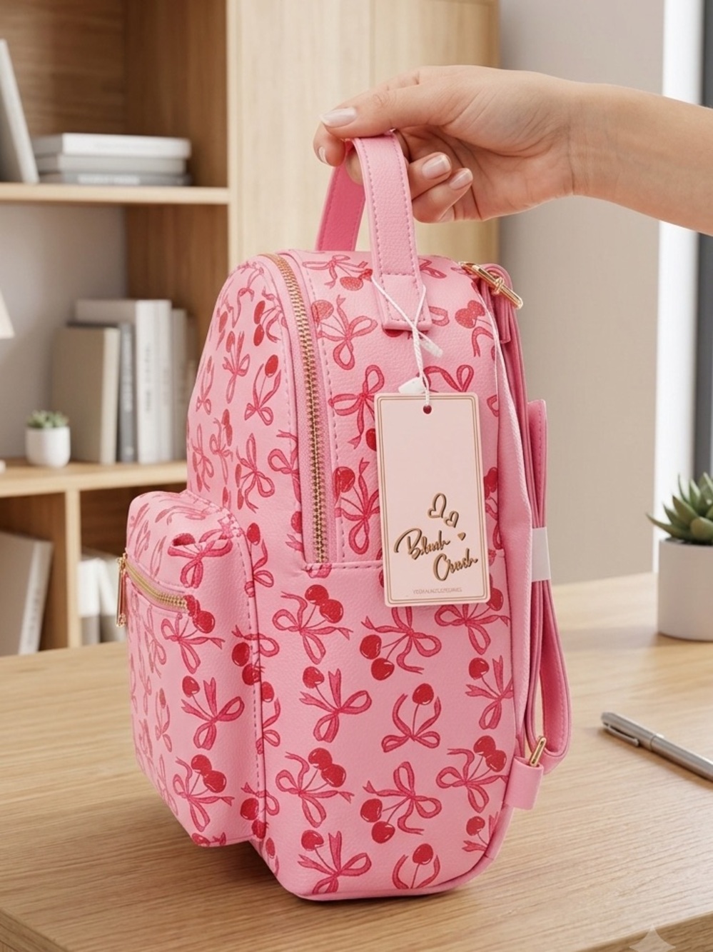 New Cherry Pink Mini Backpack Purse NWT With Cherry Rhinestone Bag Charm - Picture 4 of 5